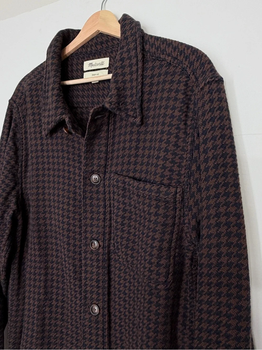 Madewell Men’s Brown & Navy Houndstooth Button-Up Shirt Jacket Small Easy Fit